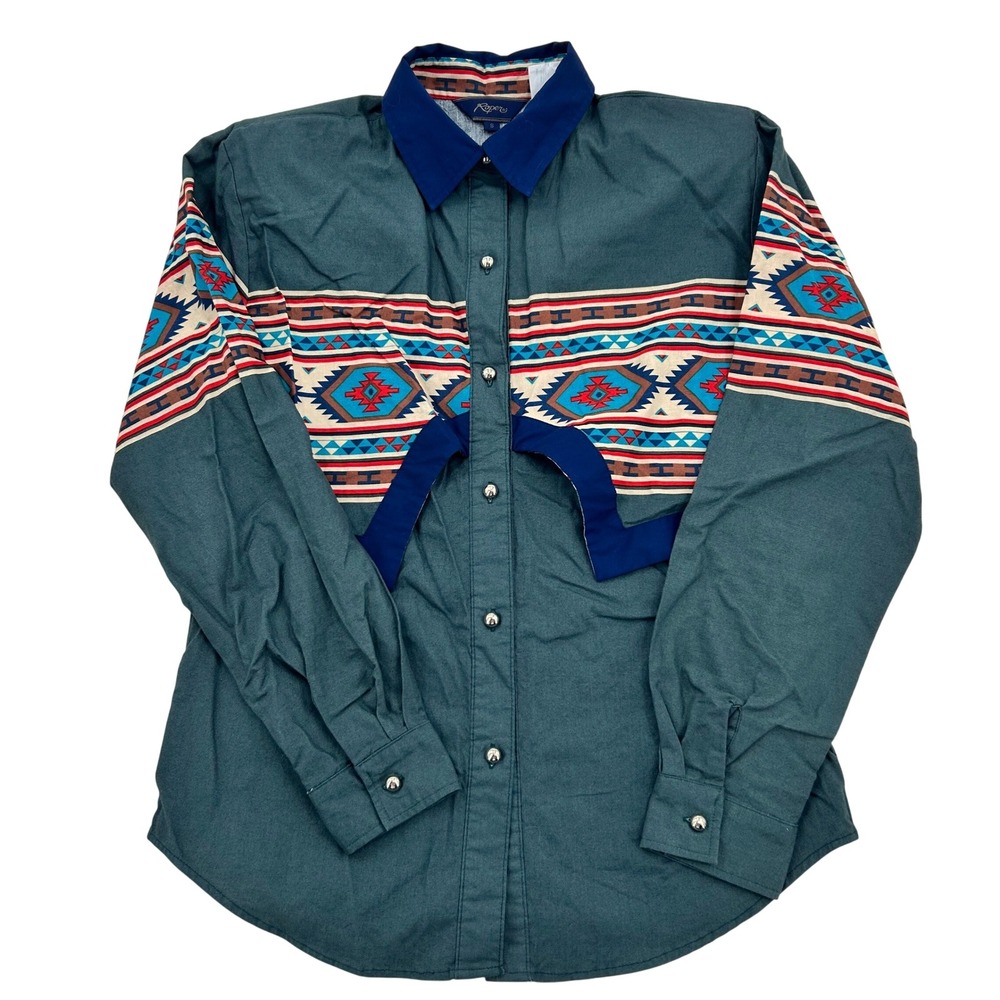 Vintage Roper Western Shirt Small Cotton Southwestern Geometric Snap Teal Cowboy